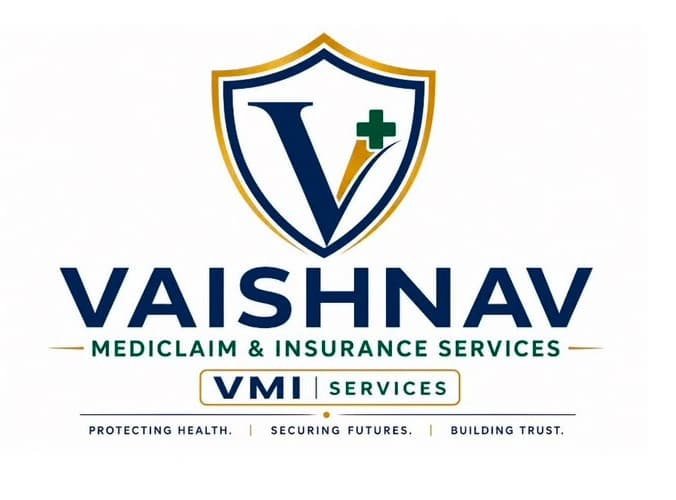 Vaishnav Mediclaim & Insurance Services - Home. Official emblem featuring a navy blue and gold shield with a navy letter V, gold accent, and green medical cross